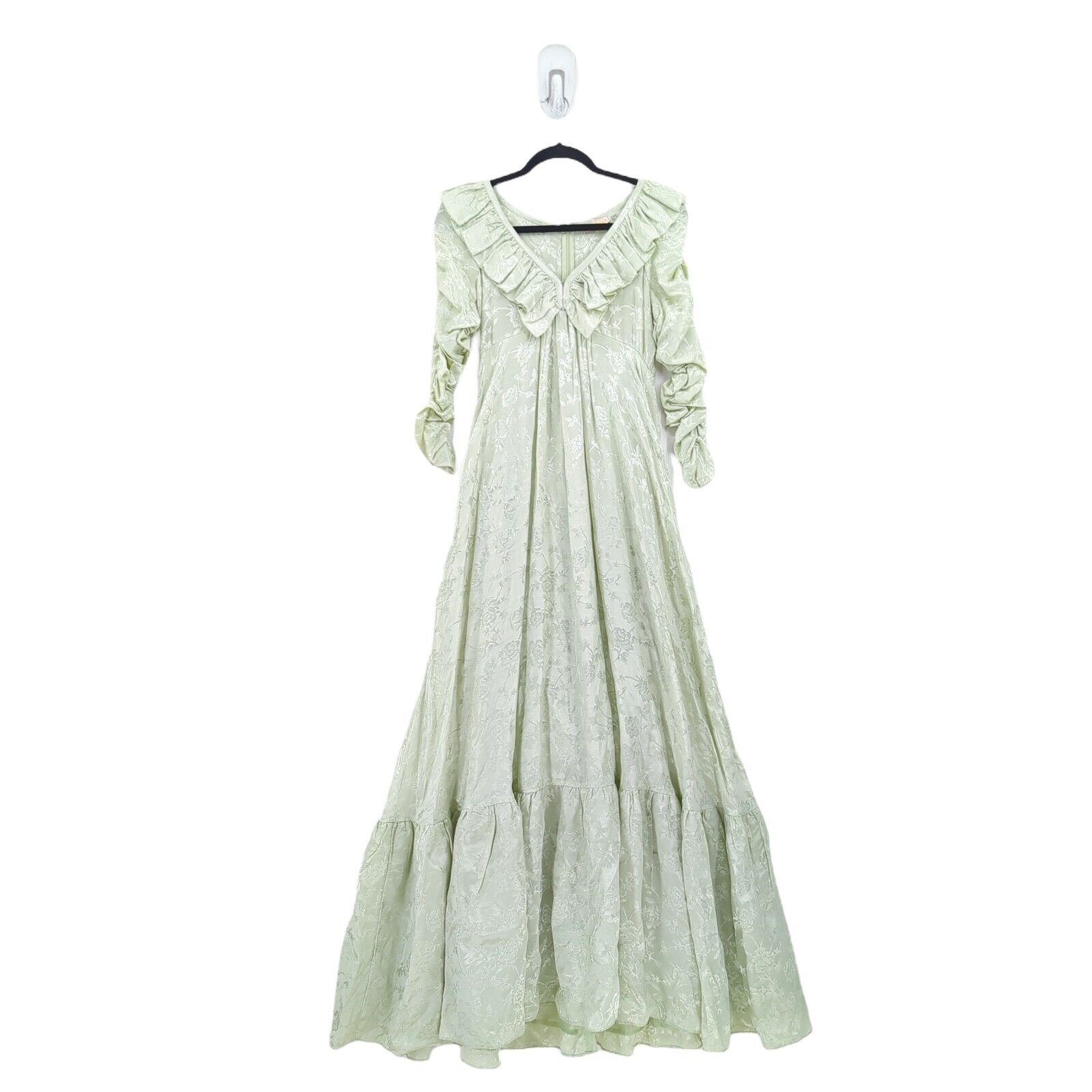 Bytimo Women S Jaquard Ruffle Gown Pistachio Green Floral Tiered Maxi New Flaw